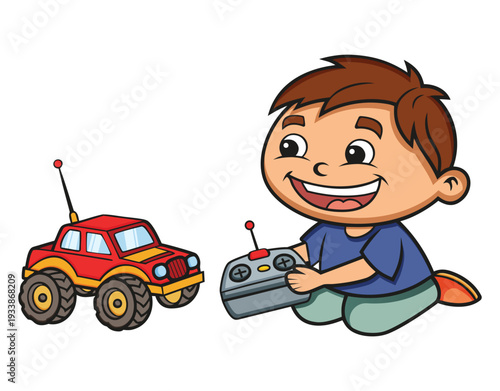 Happy boy playing with a remote control truck toy with clear outline on white background