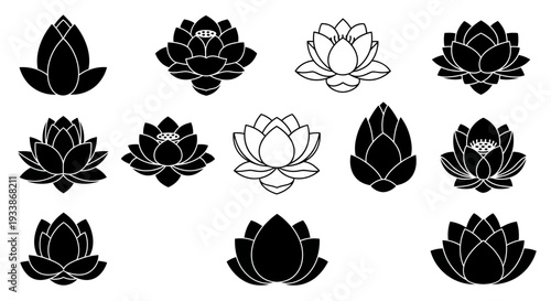 A diverse collection of black and white lotus flower icons, showcasing various artistic styles and forms, perfect for design and branding projects