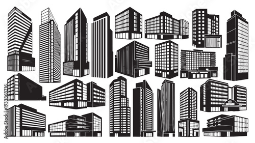 Urban Skyscrapers Collection in Monochromatic Illustration Style with High Contrast Lighting on White Background for Architecture Design