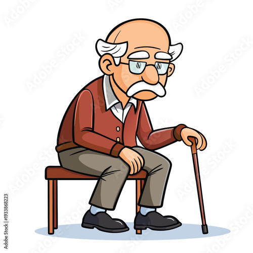 Grumpy old man sitting on bench with cane clear outline on white background