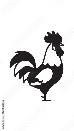 Silhouette of a proud black rooster standing tall with arched tail and beak.