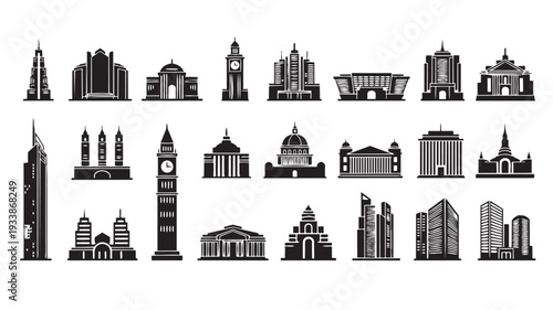 Famous Landmarks Silhouettes in Modern Minimalist Style with Black and White Color Scheme on White Background for Travel Brochure