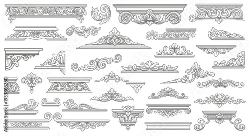 Collection of ornate decorative architectural elements and flourishes for classical design, borders, and embellishments