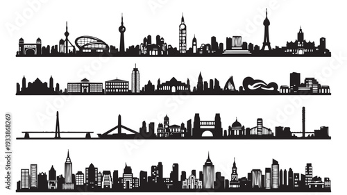 City skylines in minimalist black silhouettes with iconic landmarks in modern graphic style for urban design