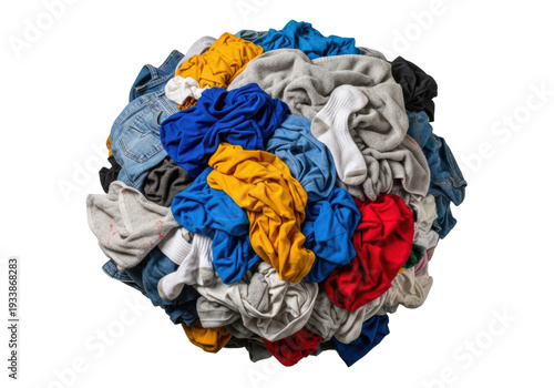 a massive, chaotic pile of multicolored, crumpled, dirty laundry, including denim jeans, cotton t-shirts, and towels, isolated on a transparent background with shadowless high-key lighting. concept