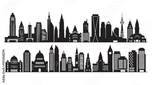 City Skyline Silhouette Modern Architecture Black and White Vector Illustration for Urban Design