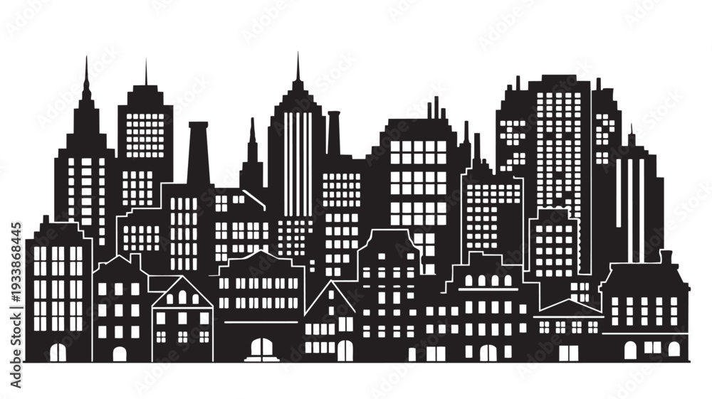 Obraz premium City Skyline Silhouette Modern Urban Landscape Black and White Vector Illustration for Architecture Design