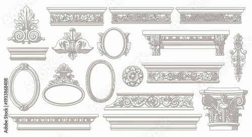 Collection of ornate architectural decorative elements, including friezes, cornices, and decorative frames, rendered in a sophisticated style