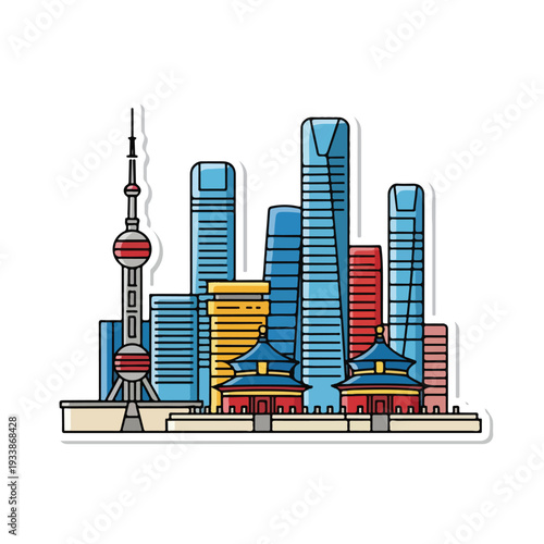 Cityscape illustration featuring modern skyscrapers and traditional architecture in a vibrant urban landscape from a frontal viewpoint
