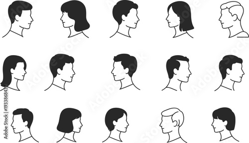 Collection of black head profile silhouettes men women various hairstyles short long straight bob side view faces isolated vector set