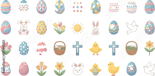 Collection of colorful easter elements with eggs and religious symbols together nicely