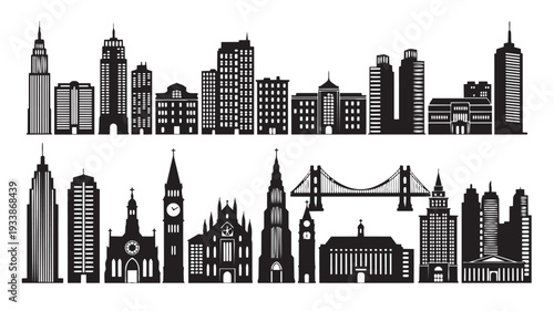 City skylines with famous landmarks in modern minimalist style with monochrome color scheme on white background for urban design