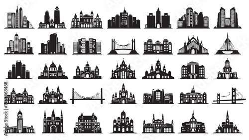 Collection of black and white city skyline icons in modern minimalist style with simple shapes and clean lines for urban design