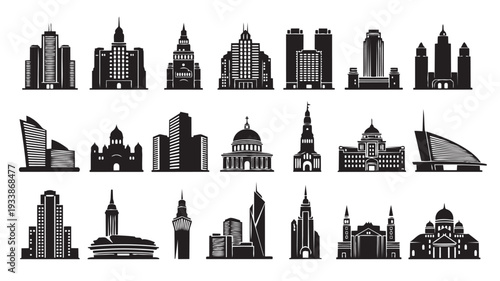 City skylines in monochrome minimalist style with high contrast black and white for urban architecture template
