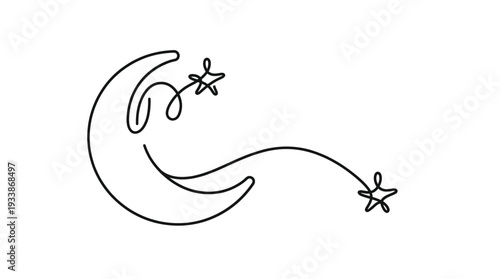Minimal Crescent Moon Two Stars One-Line Icon, Single Continuous Line Celestial Outline