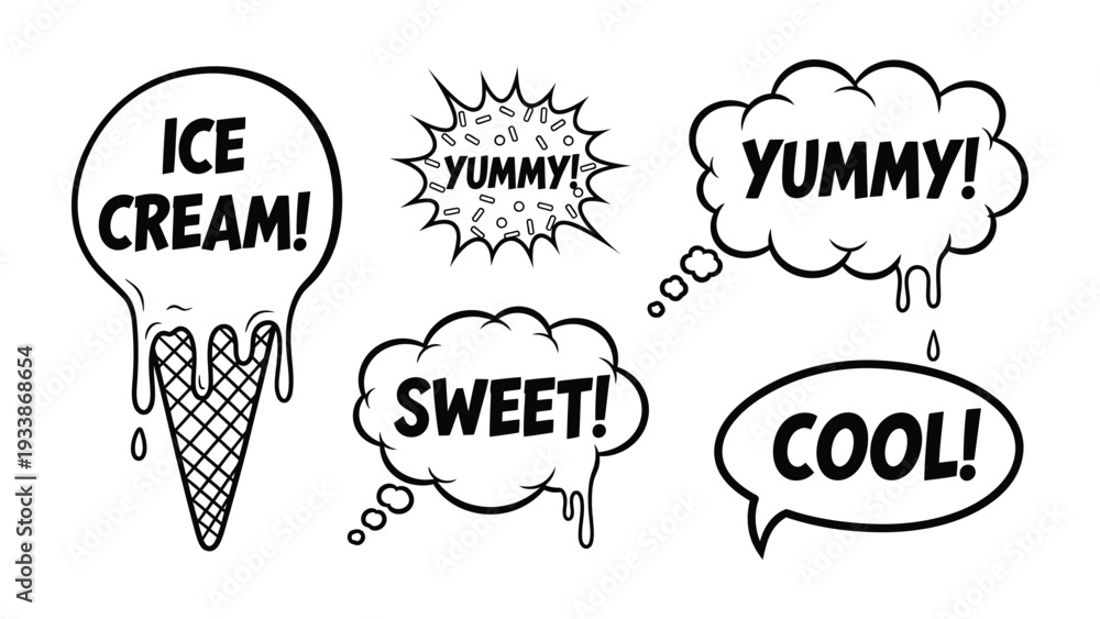 Αυτοκόλλητο Sweet Summer Treats: Delightful collection of cartoon speech bubbles, each proclaiming the joy of ice cream and sweet flavors