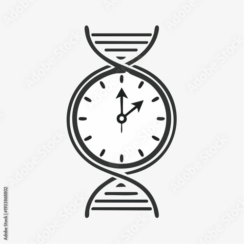 A black line art illustration of a clock face with DNA double helix strands on a white background.