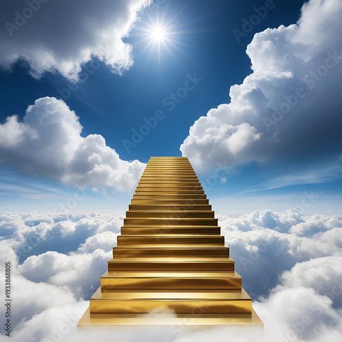 Golden stairway ascending to clouds, narcissism superiority ascension ambition concept, stairs climbing upward heavenward symbolic, ego grandiosity symbol metaphor