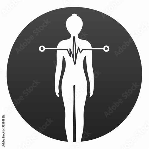 A white silhouette of a human figure with an electrocardiogram line on a dark gray circular background with a white outline.