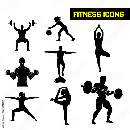 Gym fitness icons display various workout types.
