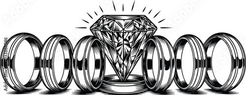 Diamond Engagement Ring Set with Center Gemstone Vintage Engraving Style Vector Illustration Isolated on White Background