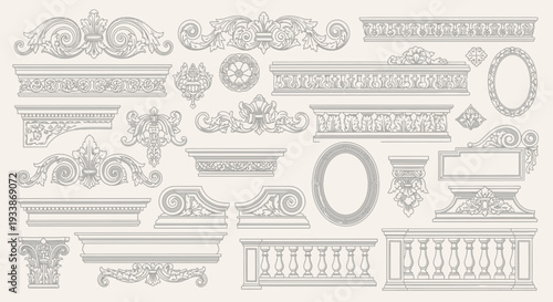 Collection of intricate architectural ornamental elements including scrollwork, balustrades, columns, and decorative frames in a detailed vintage style