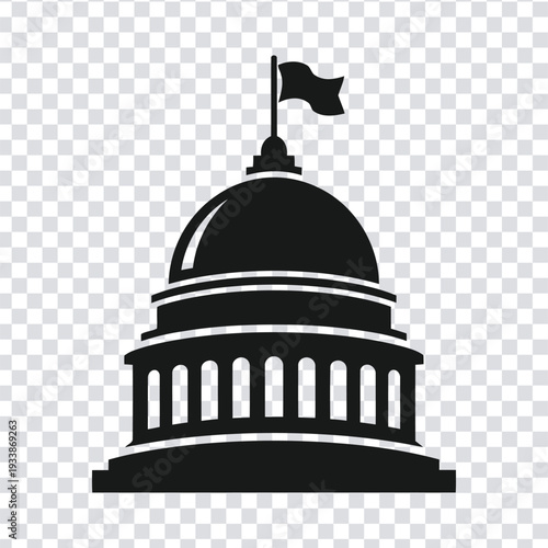 Black silhouette of the us capitol building with a flag on top