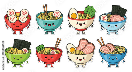 Cute Kawaii Ramen Bowls with Happy Faces and Chopsticks