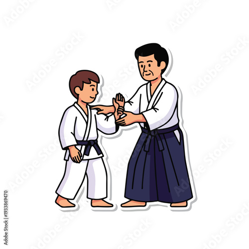 A young martial artist practices a technique with a senior instructor in a traditional uniform, focusing on discipline and self-control in a serene training environment.