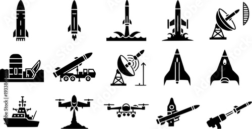 Missile Defense And Aerospace Technology Icons Featuring Rockets Launchers Radars Drones And Military Combat Vehicles.