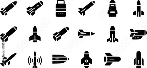 Missile And Rocket Vector Icons Featuring Various Ballistic Projectiles For Military And Aerospace Graphic Design.