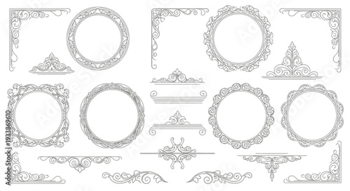 Collection of Ornate Decorative Vintage Borders and Frames with Flourishes, Swirls, and Filigree Accents, Ideal for Elegant Designs