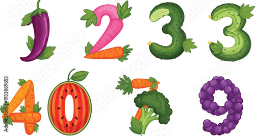 Vegetable and Fruit Numbers 1 to 9 Set Isolated on White Background Flat Vector Illustration