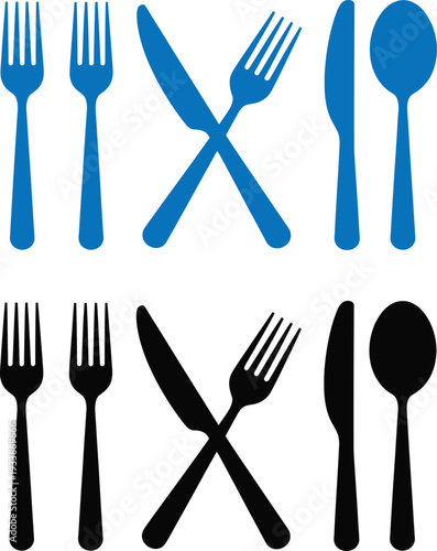 Collection of cutlery silhouettes in blue and black on a clean white background representing dining and culinary themes perfectly.