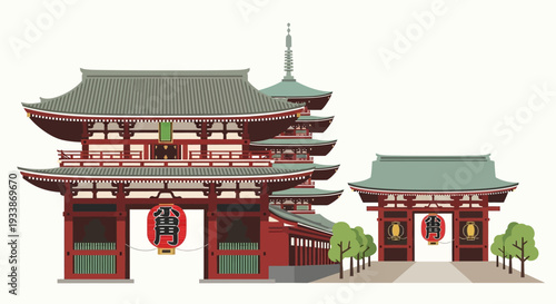 Traditional Japanese Temple Gate and Pagoda Architecture