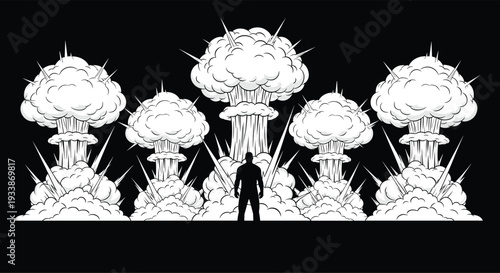 Dramatic Nuclear Explosion Mushroom Clouds with Human Silhouette Black and White Apocalypse Vector Illustration