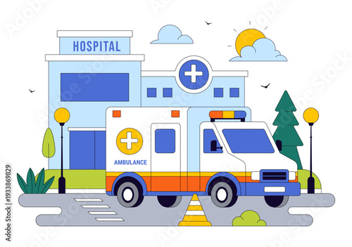 Emergency Ambulance Vehicle Vector Illustration Featuring Response To An Accident Scene With Paramedics And Flashing Siren Lights Background