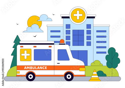 Emergency Ambulance Vehicle Vector Illustration Featuring Response To An Accident Scene With Paramedics And Flashing Siren Lights Background
