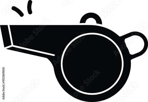 Black and white illustration of a whistle being blown strongly with motion lines indicating sound emission