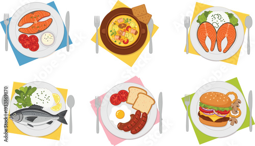 Healthy and Fast Food Plate Collection with Salmon Soup Fish Breakfast and Burger Vector Illustration Set