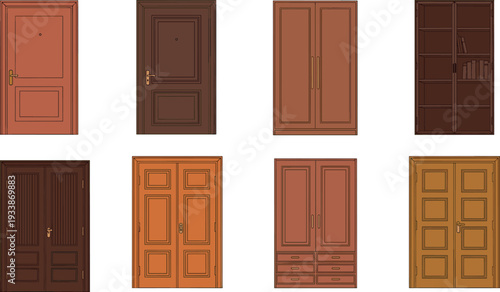 Wooden Interior Doors and Wardrobe Cabinets Collection Detailed Home Furniture Vector Illustration Set