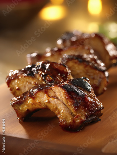 illustration showing BBQ pork ribs arranged neatly on a wooden table, designed to represent a popular party and happy hour dish. The ribs appear slow-cooked with caramelized sauce, enhanced 