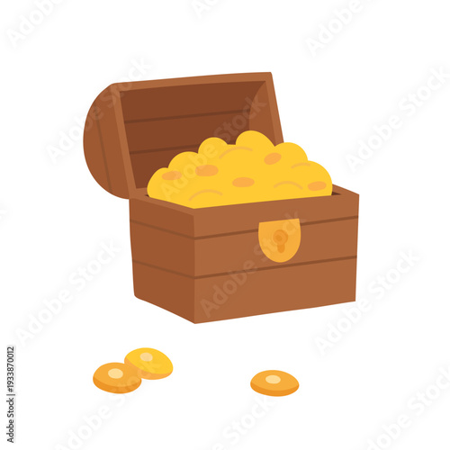 Open treasure chest filled with gold coins, pirate fantasy illustration ideal for finance blogs, adventure themes, game assets and wealth concept visuals