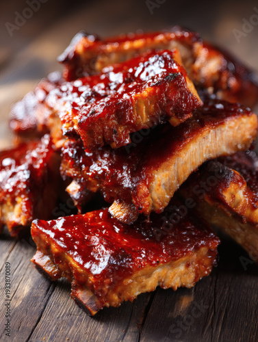 food illustration of BBQ pork ribs as a crowd-pleasing happy hour favorite, featuring thick ribs with visible texture, glossy glaze, and smoky accents. The background suggests a relaxed party 