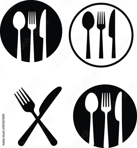 Set of four different restaurant logos featuring a plate and utensils designs for dining establishments and eateries worldwide to represent their brand and cuisine offering a unique visual identity.