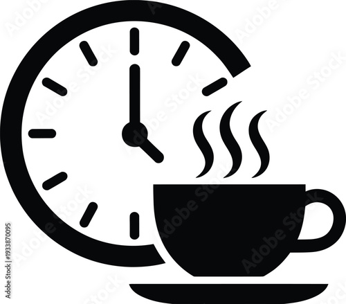 Black and white illustration of a steaming coffee cup and clock representing time for a morning coffee break or coffee time.