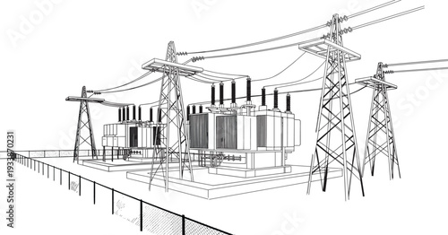 Detailed black silhouette of electrical substation with large power transformers insulators bushings transmission towers high voltage lines fenced area vector