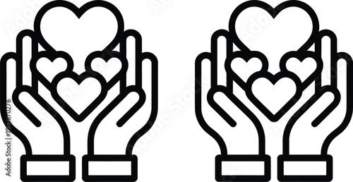 Hands holding heart icons symbolizing love and care in simple black and white graphic design representing charity and kindness.