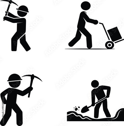 Silhouette icons of workers with pickaxes and cart symbolizing labor and manual work in various industries