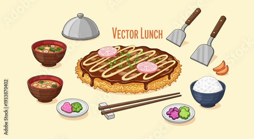 Japanese Okonomiyaki Meal Set with Rice and Miso Soup